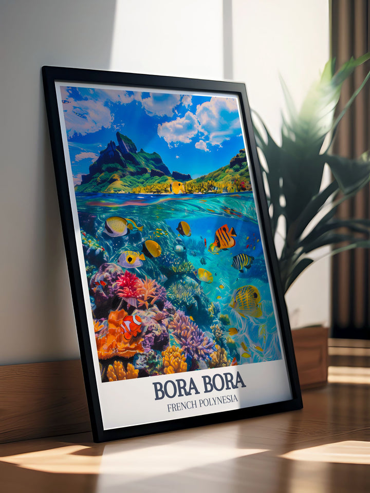 Exquisite Bora Bora Lagoon Coral Gardens print capturing the idyllic paradise of Bora Bora island ideal for home decor and as a travel gift this artwork highlights the unique charm of French Polynesia making it a timeless piece for any art and collectibles enthusiast.