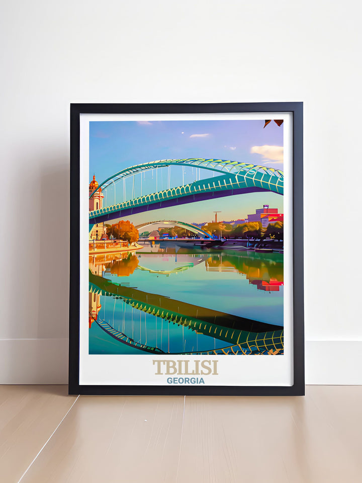 Tbilisi Wall Art featuring the iconic Bridge of Peace combines modern design with vintage style to create a sophisticated piece of home decor. This print is ideal for personalizing your living space or gifting for special occasions like birthdays or anniversaries.