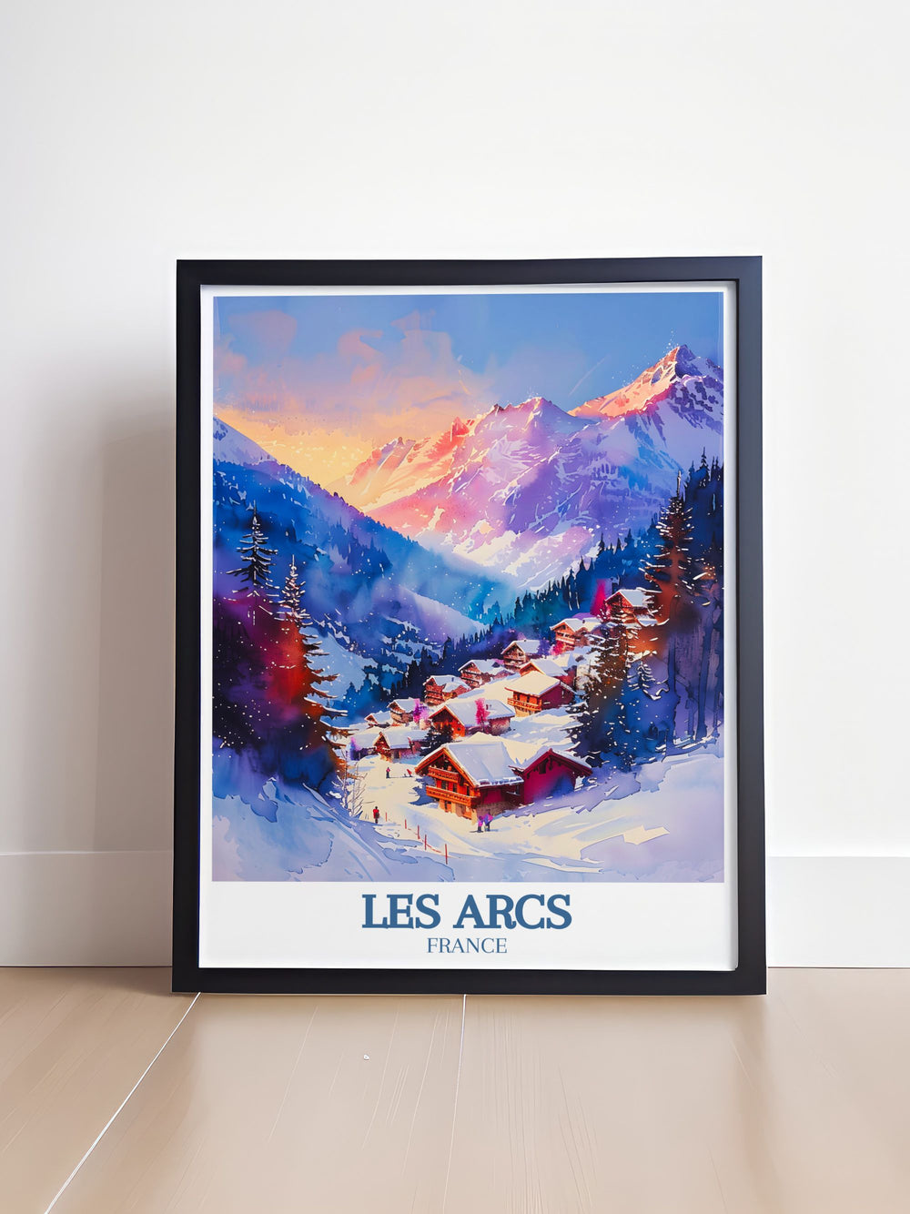 Les Arcs print with Aiguille Rouge Mont Blanc perfect wall decor for any room showcasing the stunning landscapes of the French Alps and the excitement of skiing and travel prints
