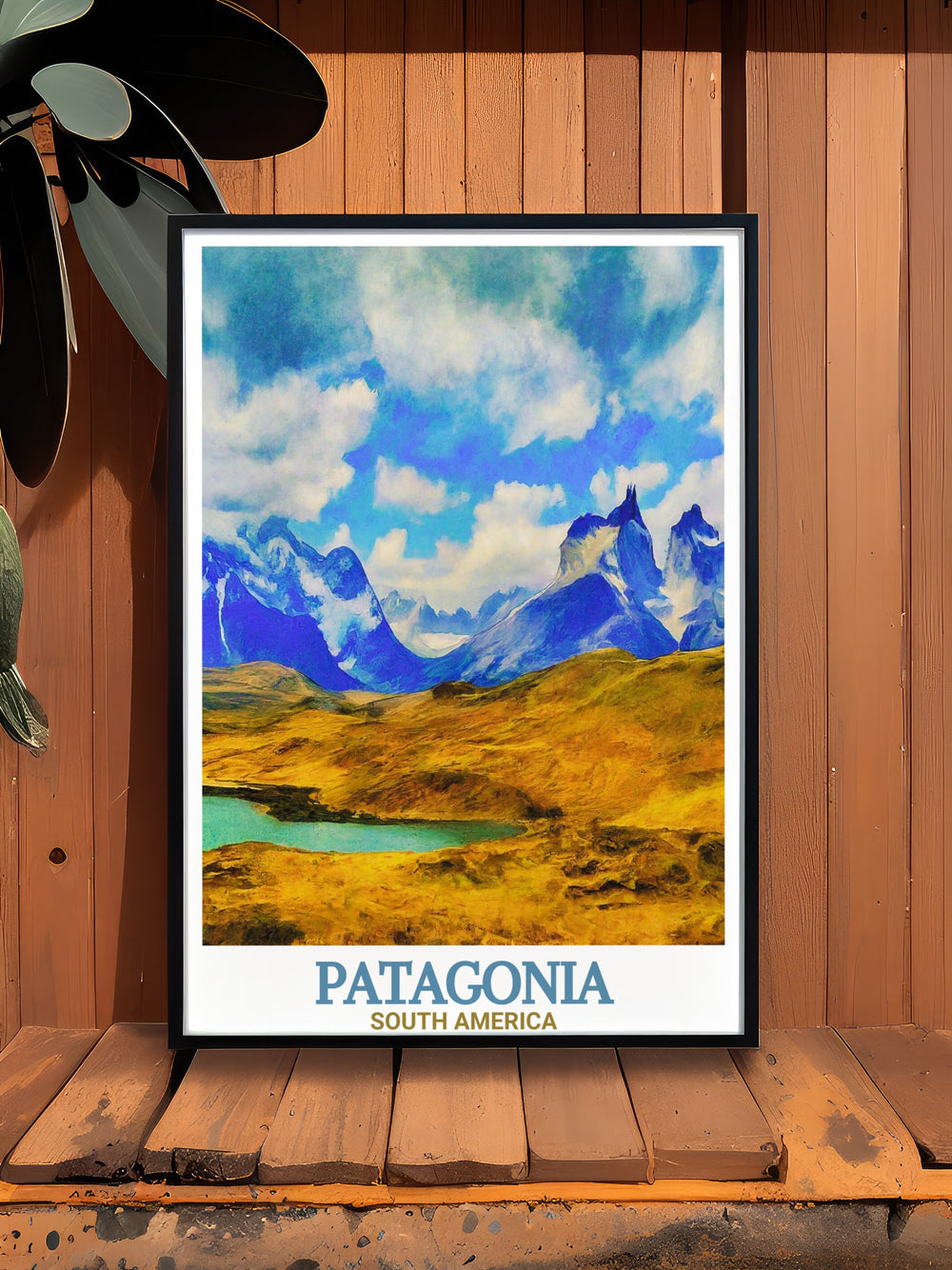 Chile travel poster featuring the stunning landscapes of Torres del Paine National Park. Highlights the iconic Cuernos Del Paine peaks. A beautiful addition to any wall art collection and perfect for nature lovers.