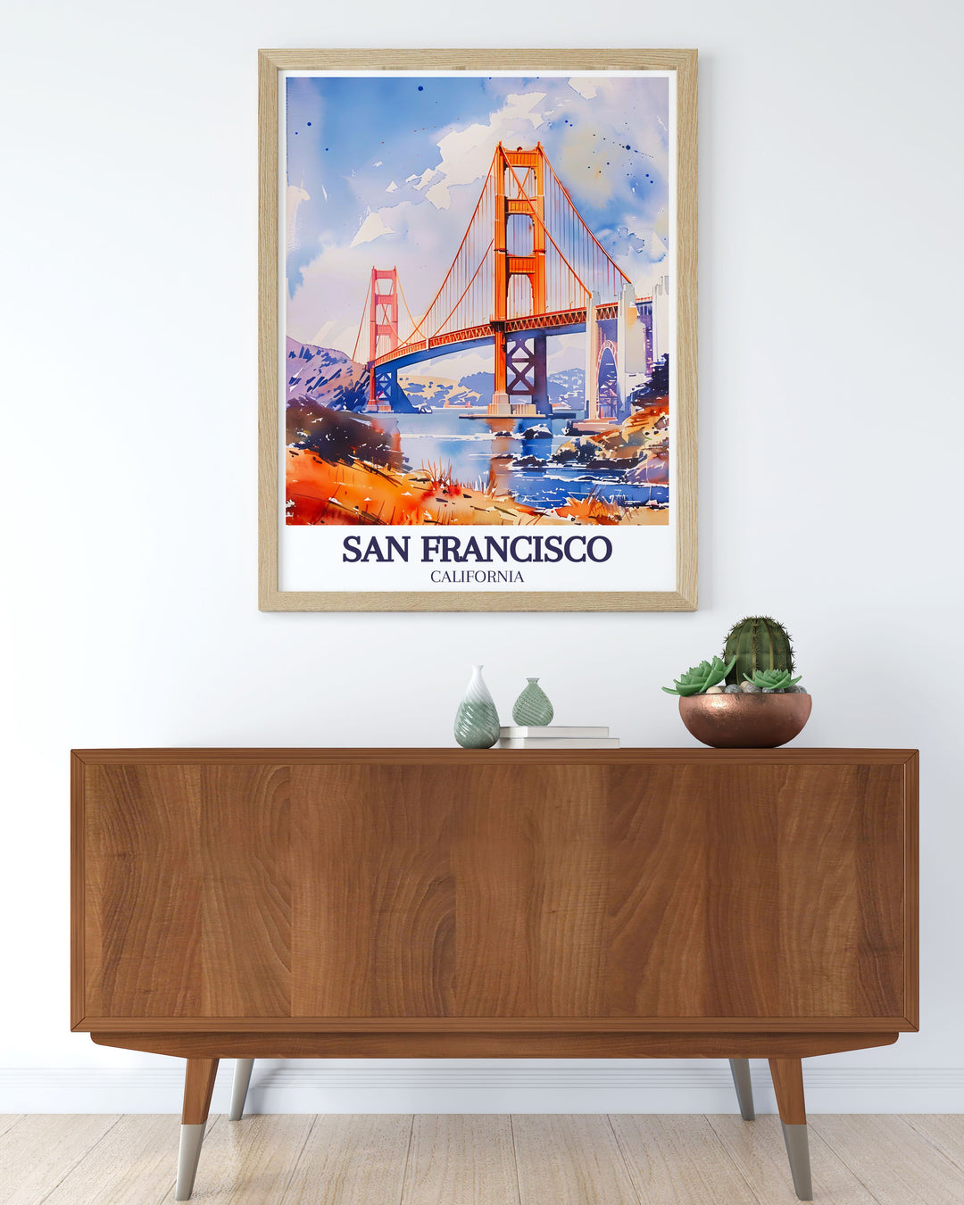 This detailed illustration of the Golden Gate Bridge offers a unique perspective on one of San Franciscos most beloved landmarks. Perfect as a gift or a piece of home decor, this wall poster highlights the iconic views of the Bay Area.