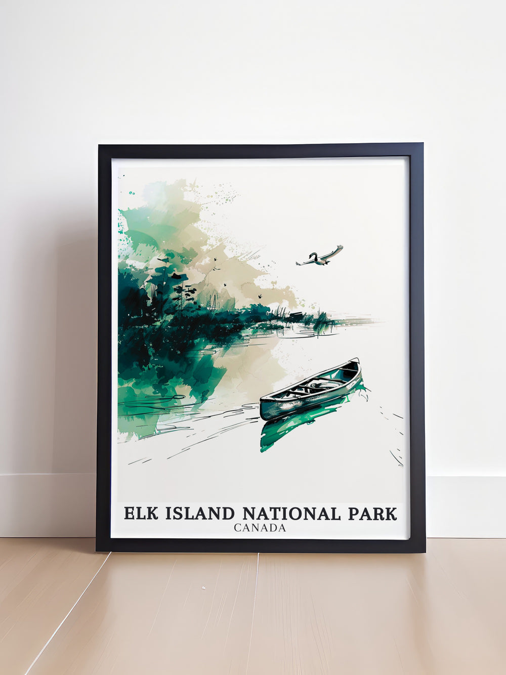 Elk Island National Park poster print showcasing the serene beauty of Oster Lake, a peaceful retreat within Albertas wilderness. This travel print captures the essence of Canadas natural landscapes, perfect for adding a touch of tranquility to any room.