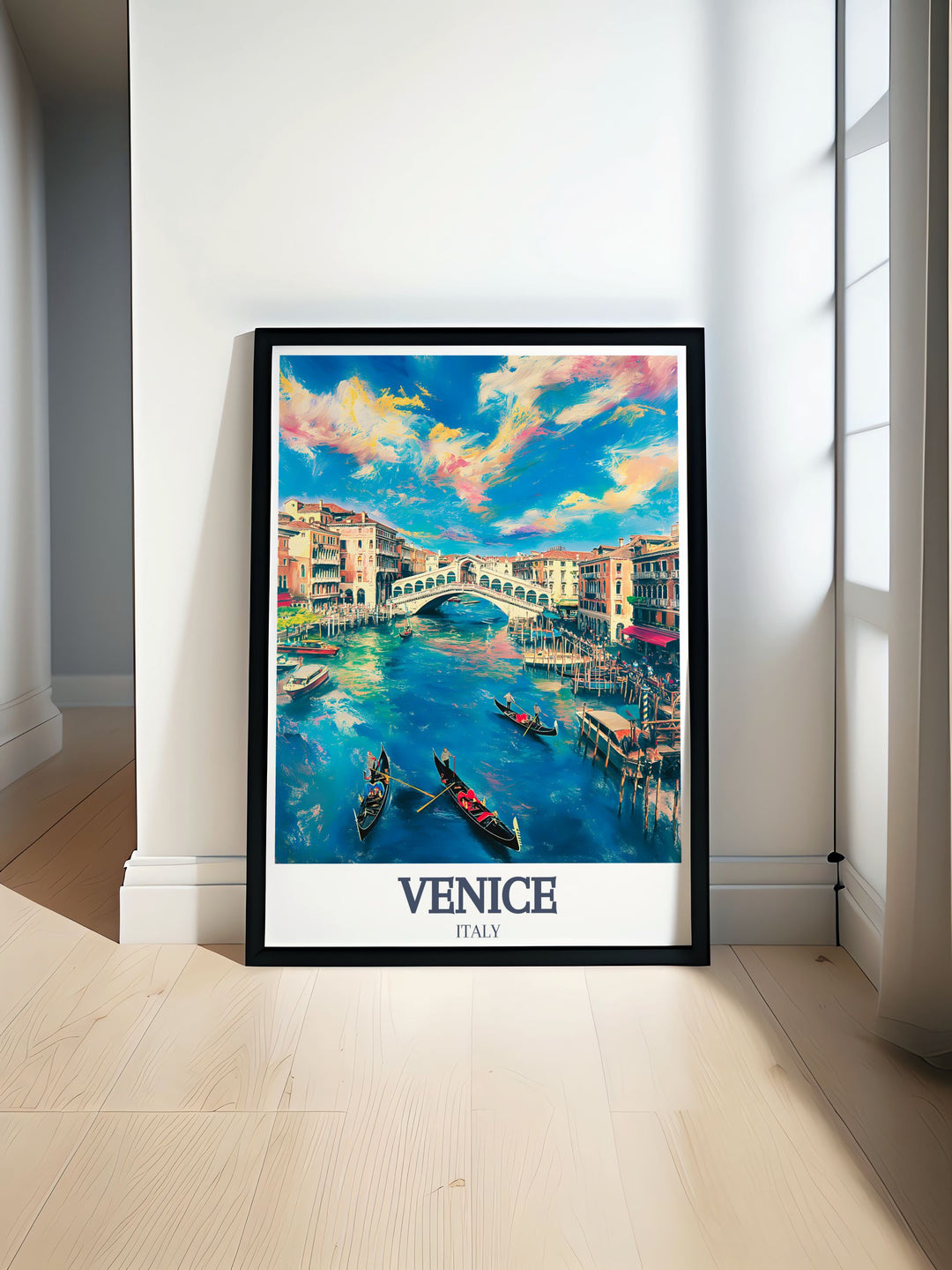 Bring the romance of Venice to life with this stunning poster of the Rialto Bridge and Grand Canal. Perfect for Italy enthusiasts, this detailed travel print adds a touch of elegance and history to any space.