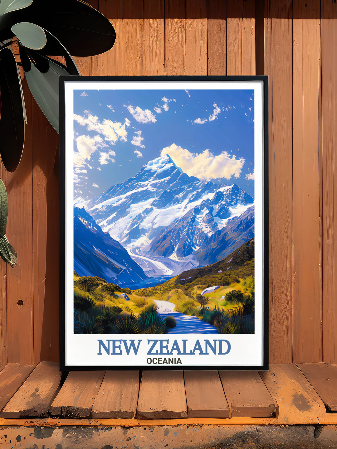 Stunning retro travel poster showcasing the majestic Mount Cook and the serene Akaroa Lighthouse ideal for anyone wanting to bring New Zealands most famous landscapes into their home decor perfect for fans of national park wall art and New Zealand travel.