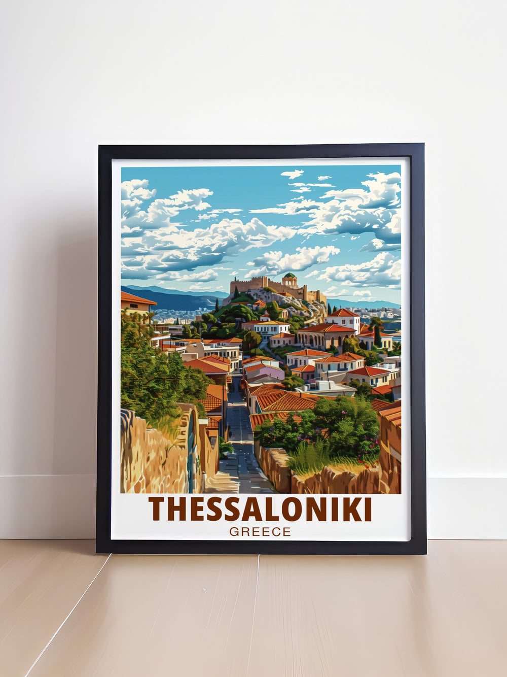 Bring the charm of Greece into your home with this travel poster featuring Ano Poli in Thessaloniki. The artworks intricate details and vivid colors make it an ideal decoration for those who love Greeces rich cultural heritage.