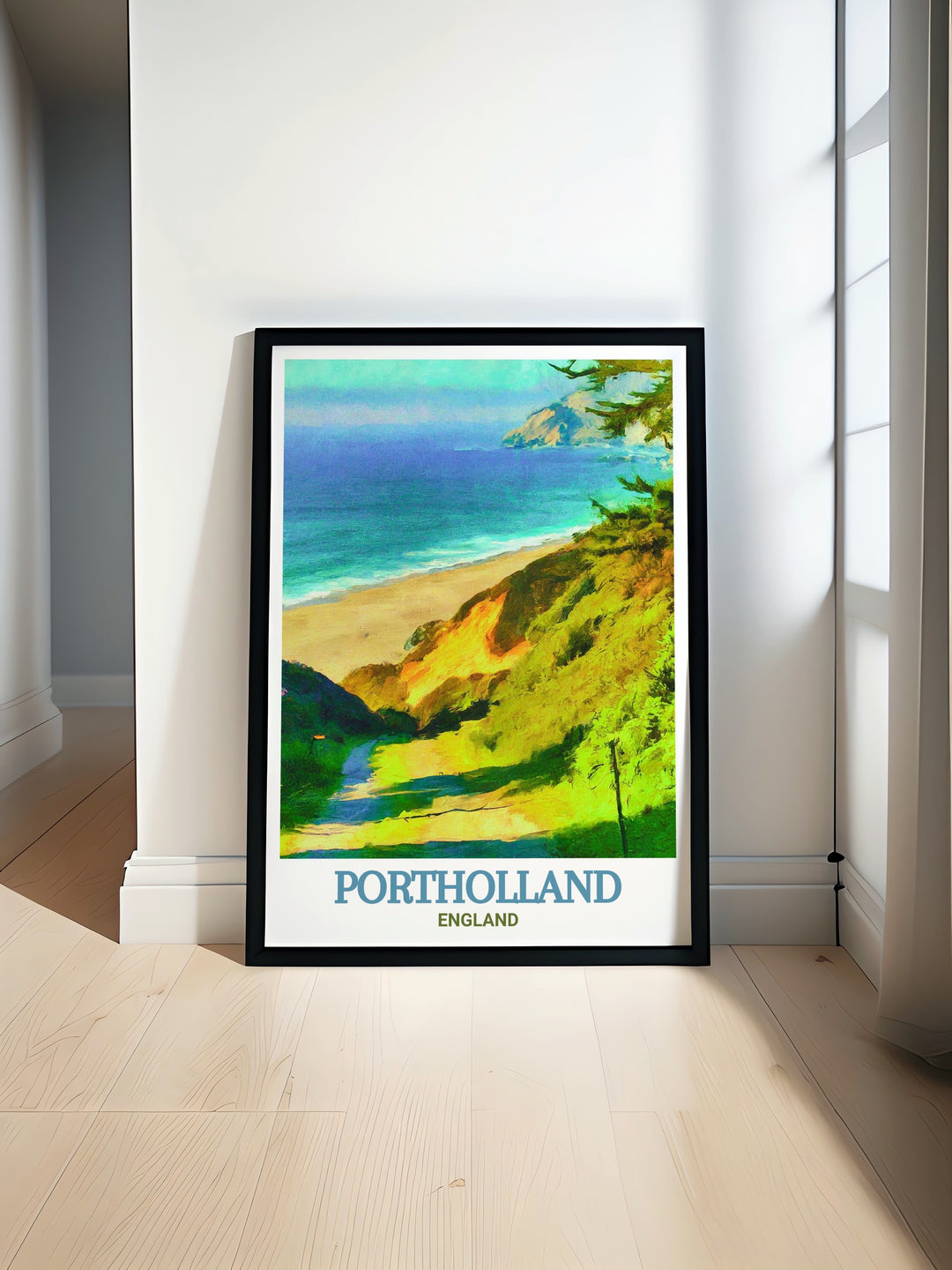 A vibrant travel poster featuring the picturesque Portholland Beach, perfect for anyone who loves the Cornish coast. The detailed illustration and calming colors create a piece that brings the essence of a peaceful seaside escape into your living space.