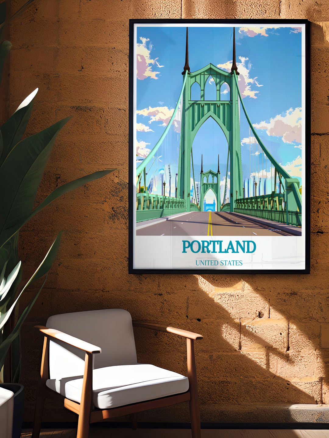 High quality St. Johns Bridge art print showing Portland Oregons iconic bridge with fine line details ideal for stylish home decor and special occasion presents