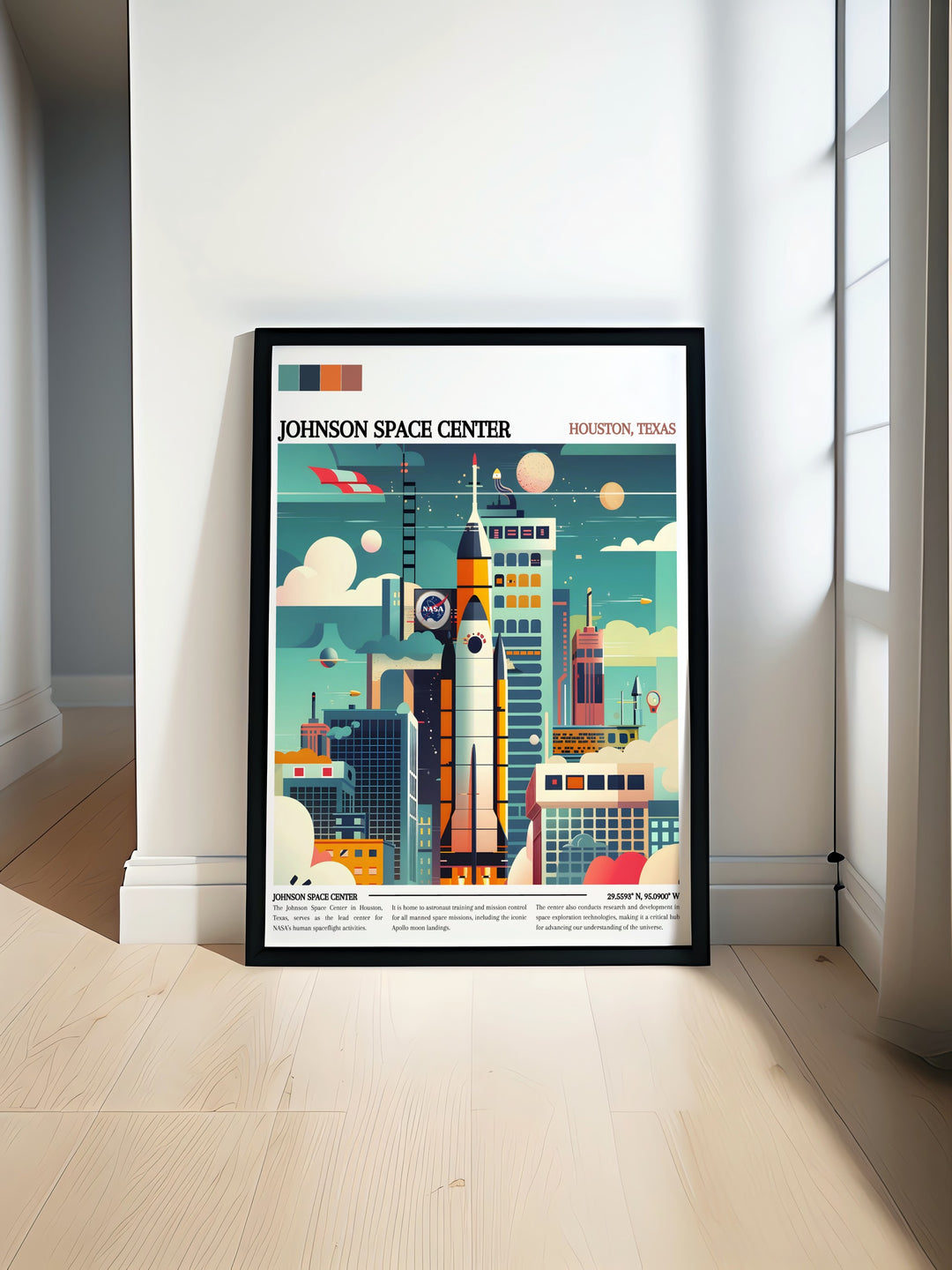 Mesmerizing watercolor print of the Johnson Space Center featuring rocket ships and interstellar vistas. Perfect for adding a cosmic touch to your home decor.