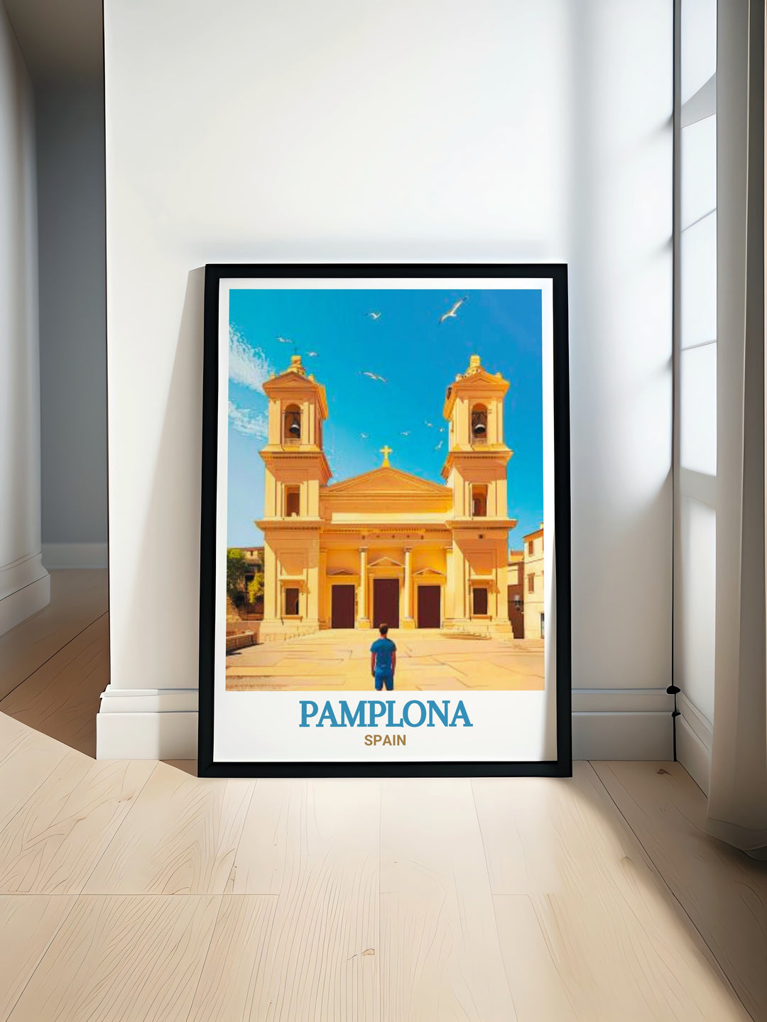 This stunning Pamplona Poster Print features the iconic Pamplona Cathedral a masterpiece of Spanish architecture that adds elegance and historical significance to your Spain wall art collection perfect for enhancing any living room decor with a touch of cultural sophistication.