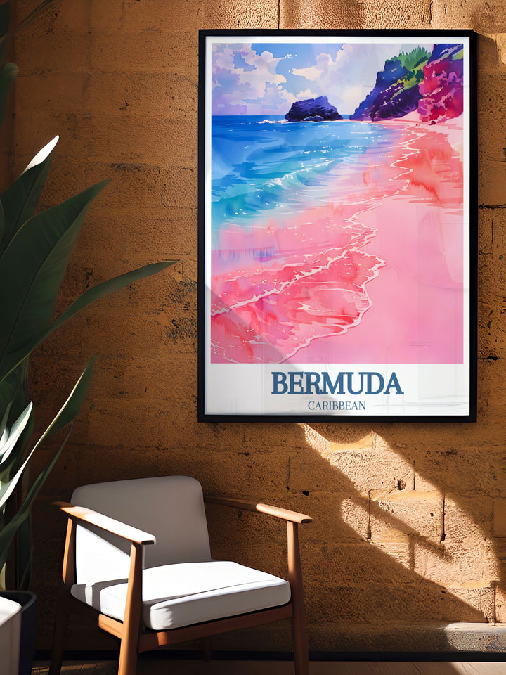 Scenic Bermuda travel print showcasing the breathtaking views of Horseshoe Bay Beach and Warwick Long Bay, making a perfect gift for anniversaries or birthdays. Brings the beauty of Bermudas landmarks into your home.