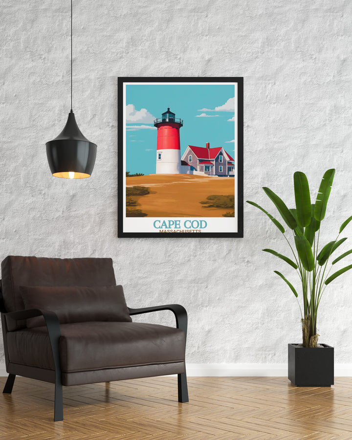 This Nauset Lighthouse travel poster showcases the beauty of Cape Cods iconic lighthouse, making it an ideal piece of decor for lovers of coastal art. Whether for your home or office, this print adds a touch of Massachusetts elegance.