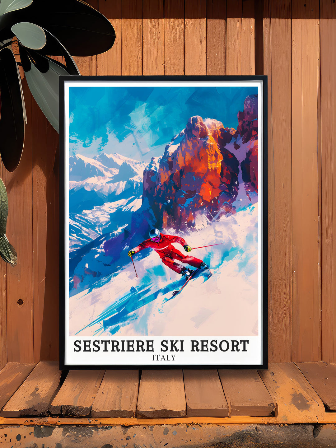 Vintage ski poster of Sestriere Ski Resort in the Italian Alps. Highlighting the picturesque landscapes and vibrant ski culture of Sestriere Vialattea, perfect for any room.