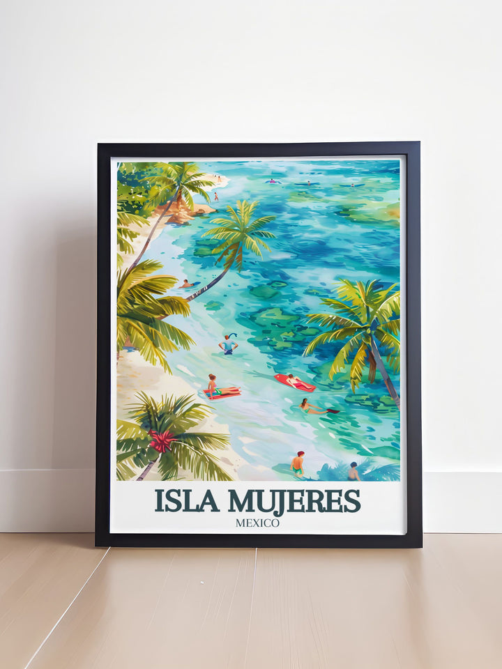 Fine line print of Isla Mujeres map with a focus on Isla Mujeres beach Caribbean sea offering a stylish and contemporary addition to your wall decor ideal for living rooms and studies.