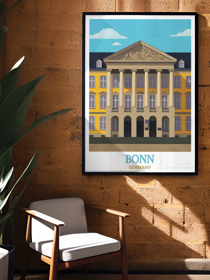 Bonn wall art highlights the academic grandeur of the University of Bonn, offering a detailed view of its neoclassical structures. This travel poster makes a thoughtful gift for scholars, travelers, or anyone who appreciates Germanys rich cultural history.