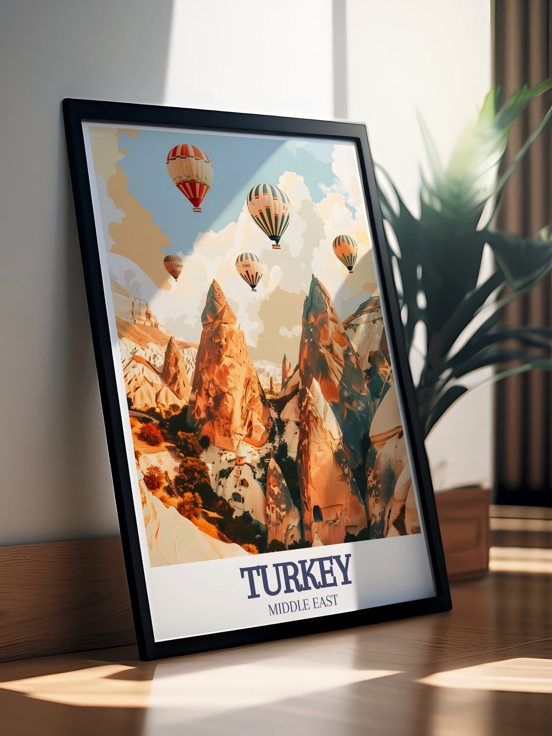 Experience the stunning beauty of Cappadocia with this vintage travel print featuring Monks Valley. The towering rock formations and serene landscape of this Turkish gem are perfectly captured, making this poster a must have for art lovers and travelers alike.