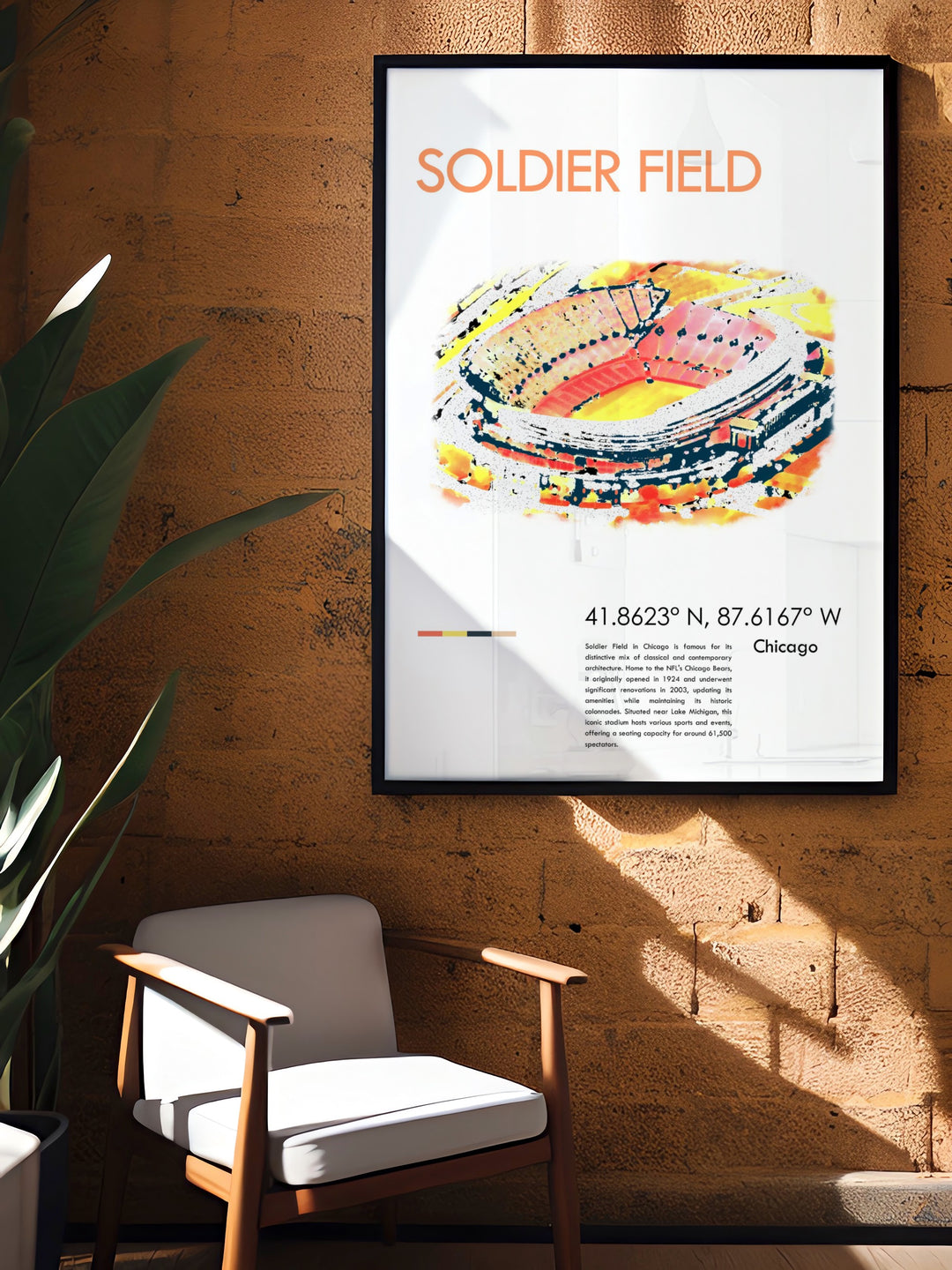 Chicago Bears Soldier Field poster print showcasing the iconic stadium. Ideal for NFL fans and collectors of Chicago sports memorabilia. This retro wall art is perfect for enhancing your living space or as a unique football-themed gift.