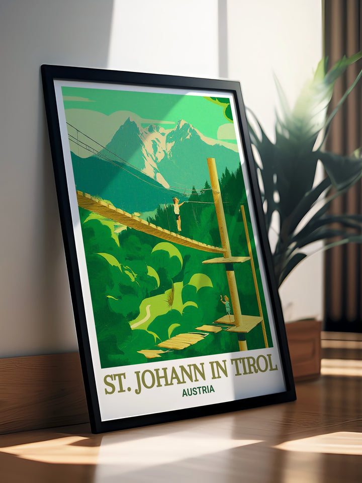 Experience the serene beauty of Austrias St. Johann in Tirol with this exquisite wall art. The detailed illustration captures the essence of the towns rich history and its connection to the adventurous Hornpark Climbing Forest, making it a must have for Austria art collectors.