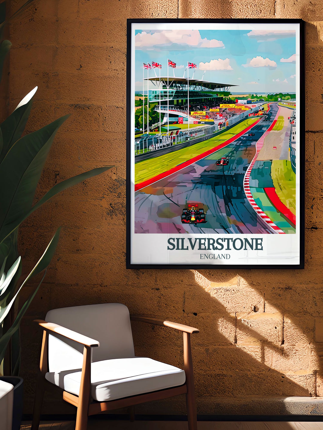 Detailed Silverstone Wing British Racing Drivers Club clubhouse modern decor print featuring the iconic racing venue. The artwork captures the thrill of the Silverstone Circuit, making it an ideal choice for those looking to enhance their wall decor with stylish and dynamic elements.