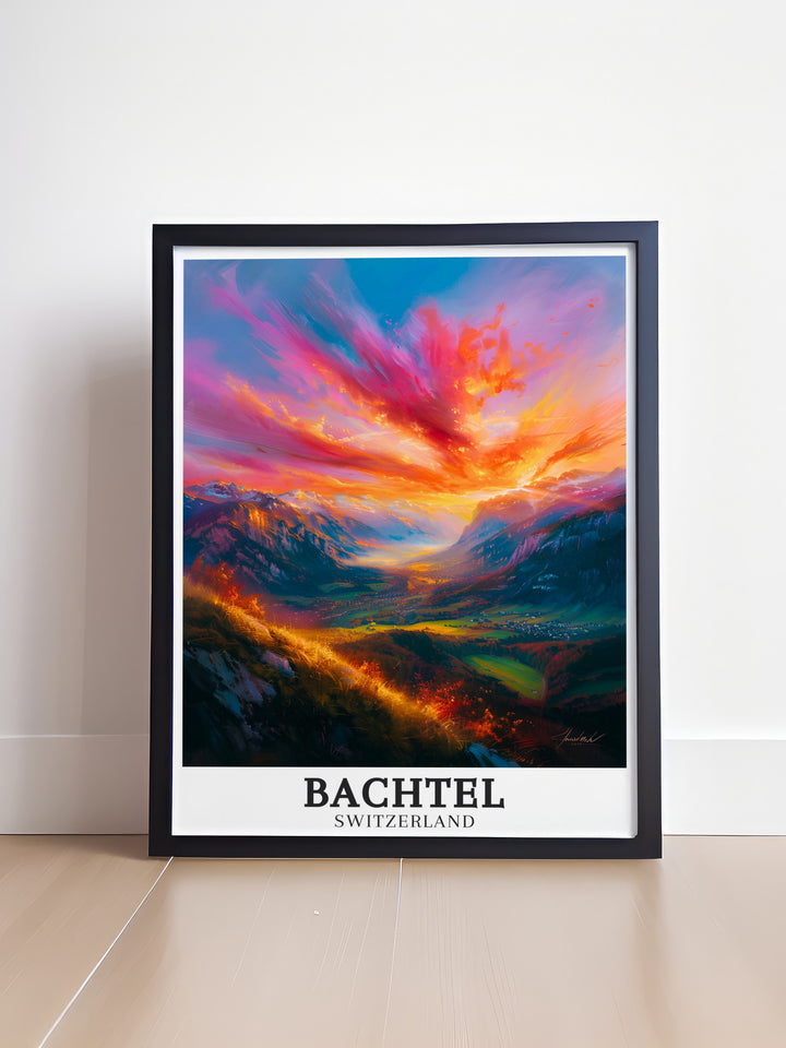 Charming poster of Bachtel in Zurich Oberland, with views of the Swiss Alps and The Bachtel Range. Highlighting the serene landscapes and cultural charm of this unique Swiss location. Perfect for those who appreciate Swiss culture and natural beauty. Vibrant and detailed design.