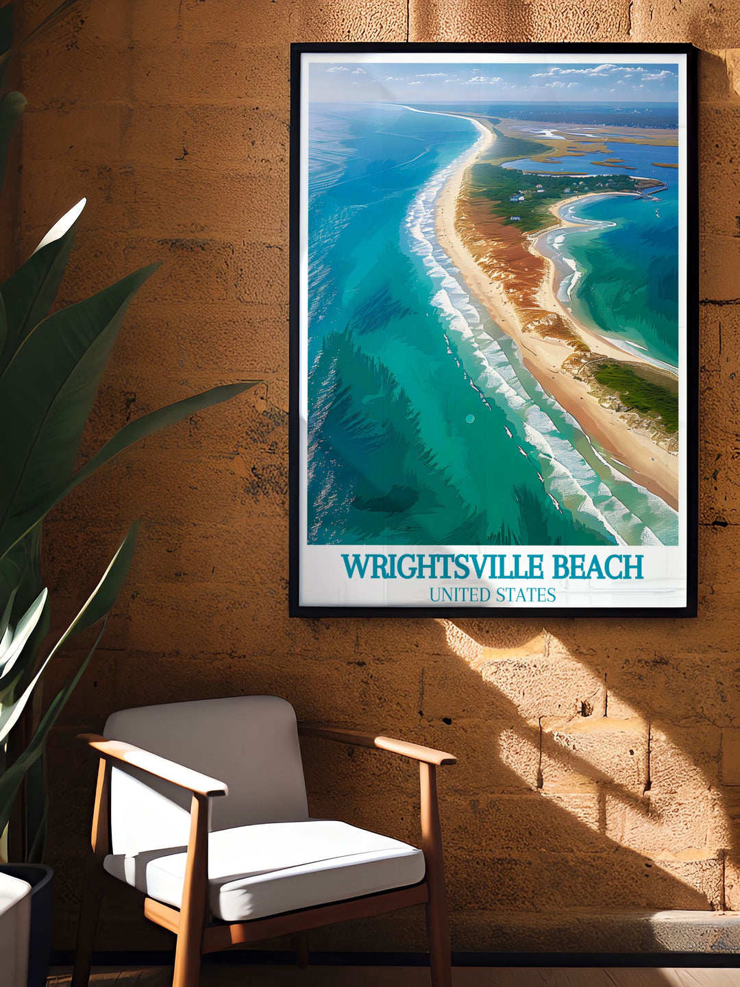 Wrightsville Beach Travel Print with Masonboro Island brings a calming coastal vibe to your decor. The vintage poster aesthetic and elegant design make this wall art print a standout piece that transforms any room into a serene seaside retreat.