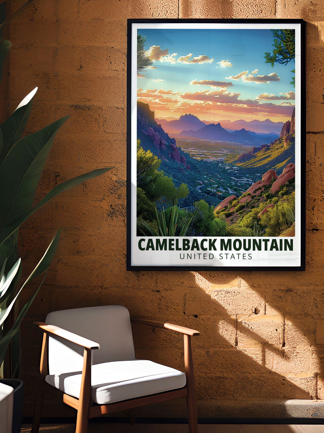 Celebrate the beauty of Arizona with this Echo Canyon Trail poster. Featuring Mt. Camelback this Arizona artwork is perfect for wall decor adding a touch of the states natural wonders to your living space. Ideal for travel enthusiasts and art lovers alike.