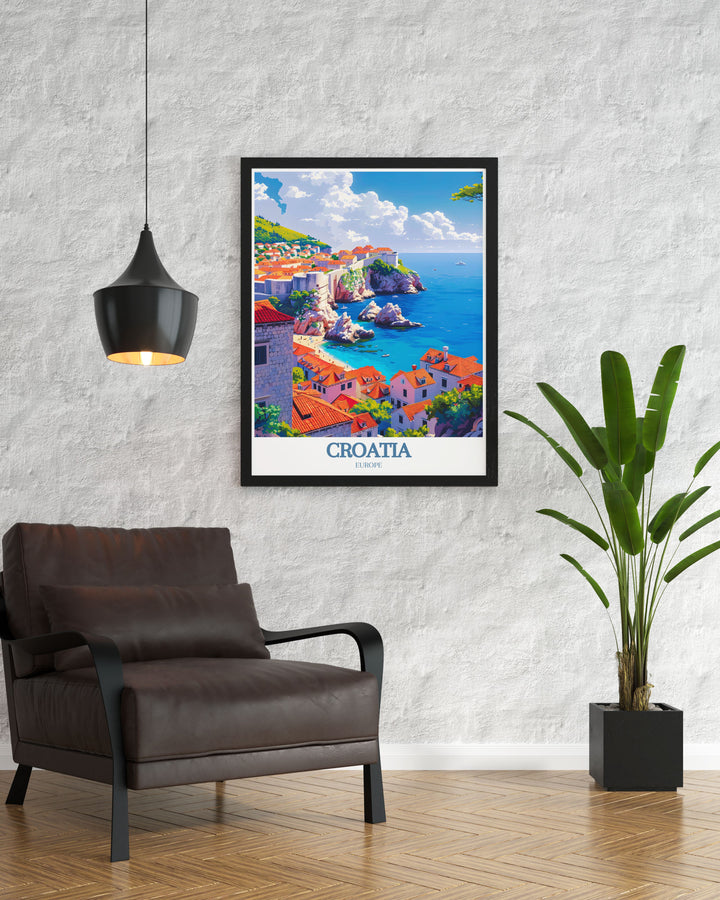 This poster showcases the picturesque streets of Dubrovnik Old Town and the clear waters of the Adriatic Sea, adding a unique touch of Croatias cultural and natural beauty to your living space.