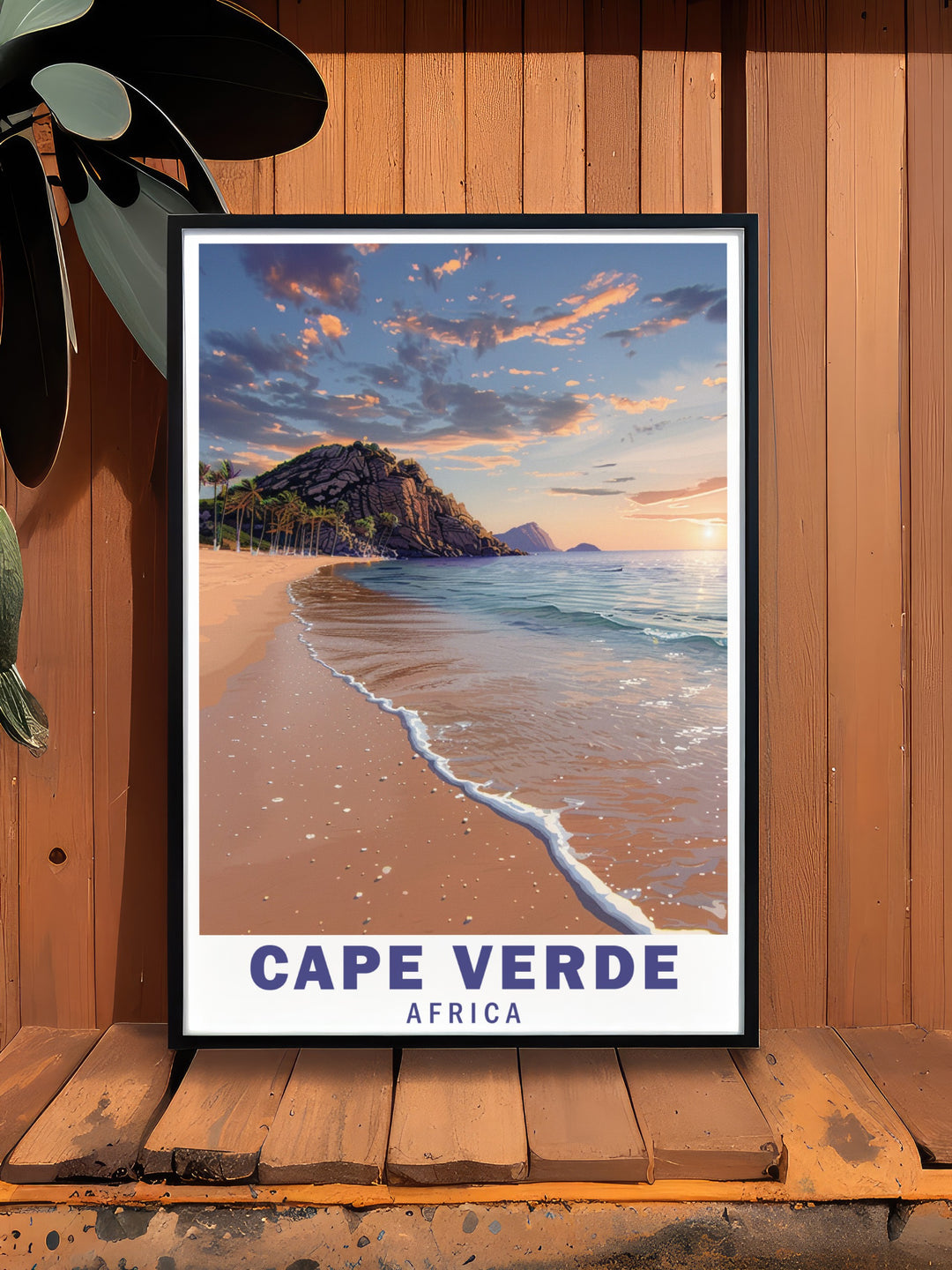 Celebrate the beauty of Cape Verde with this travel poster showcasing the clear blue waters and pristine sands of Santa Maria Beach. The detailed artwork and rich color palette bring the tranquil atmosphere of Cape Verde into your home or office, perfect for travel enthusiasts.