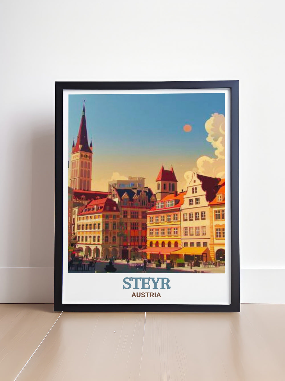 Vivid wall art of Bummerlhaus, Steyr, Austria, offering a close up view of the intricate architectural details and historical significance of this medieval masterpiece. This artwork is perfect for anyone looking to celebrate Austrias historic landmarks through beautiful home decor.