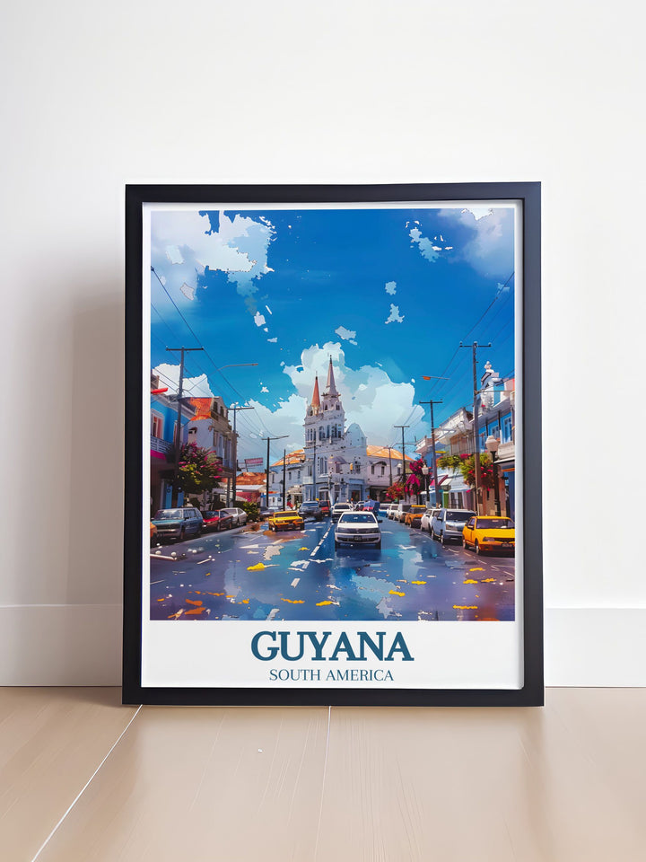 Showcasing the lively street scenes of Georgetown, this travel poster captures the essence of the citys vibrant culture and colorful life, bringing a piece of Guyanas capital into your home.