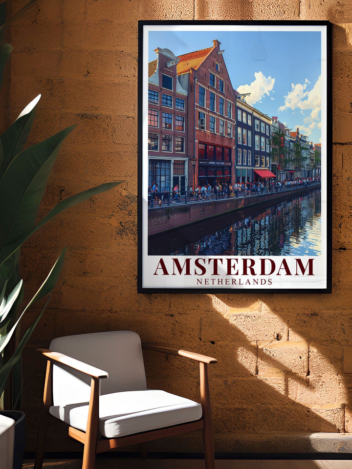 Intricate fine line print of Amsterdams Anne Frank House. This Amsterdam colorful art piece is perfect for adding a touch of elegance to any room. Ideal for home decor and as a unique gift for special occasions such as anniversaries and birthdays.
