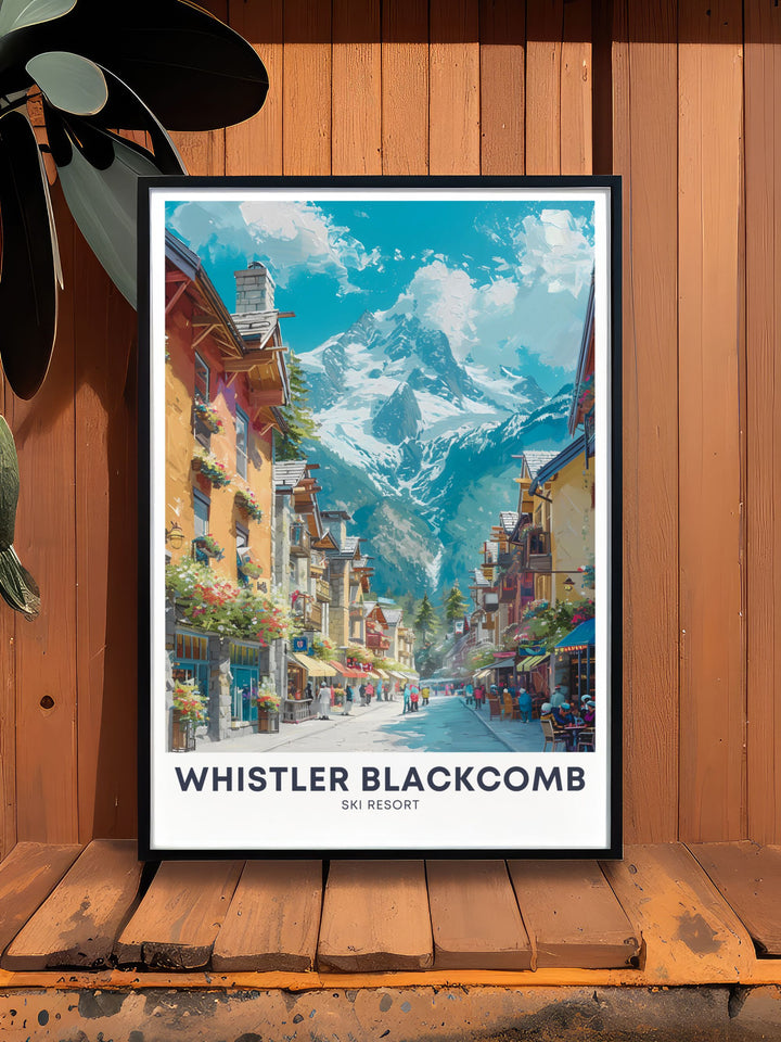 Whistler village vintage print highlighting the majestic beauty of Whistler Blackcomb. This Whistler poster is perfect for adding a touch of adventure to your home decor and makes a great snowboarding gift.