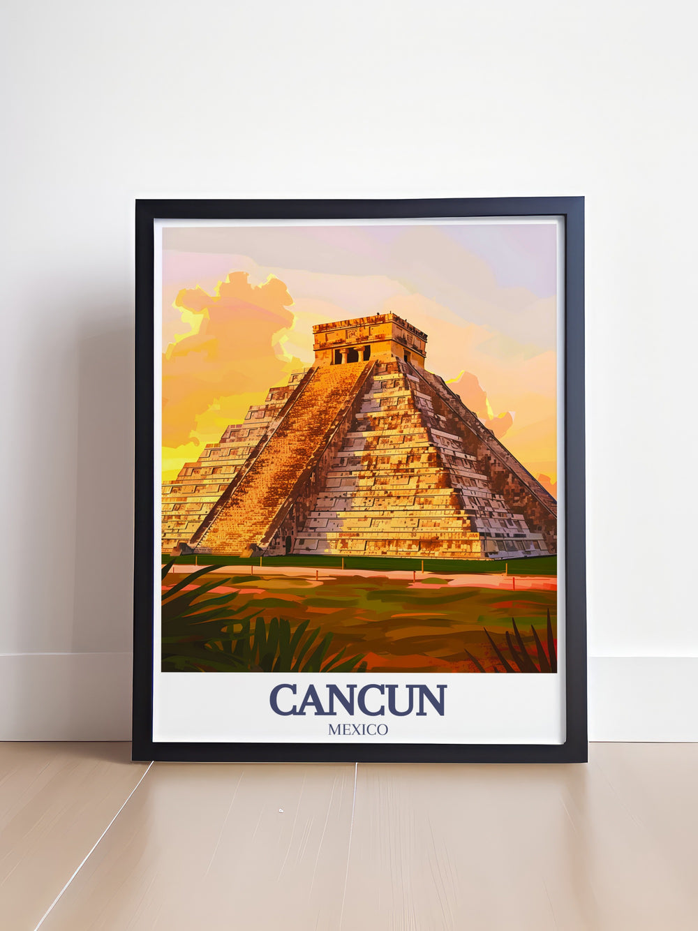 Beautiful Cancun art print showcasing a black and white street map an elegant addition to any room decor complemented by the iconic Chichen Itza Pyramid of Kukulkan creating a sophisticated and historical focal point in your home