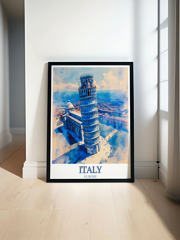 The detailed depiction of the Leaning Towers architectural marvel and Pisa Cathedrals ornate design make this travel poster a perfect addition to any art collection.