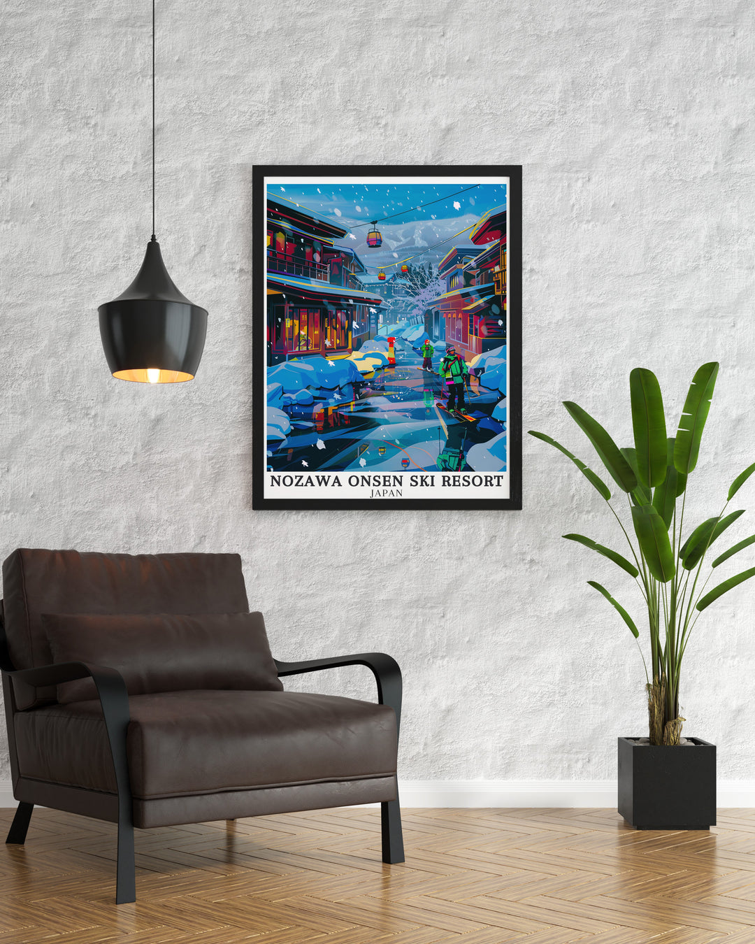 Nozawa Onsen Wall Poster captures the enchanting atmosphere of this Japanese village, with its narrow streets, traditional inns, and the snowy backdrop of the Japanese Alps. This detailed poster is a beautiful reminder of the peaceful yet exhilarating experience of visiting Nozawa Onsen.