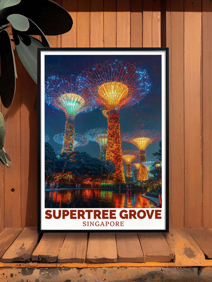 Nighttime Supertree Grove poster offering a breathtaking view of Singapores iconic trees lit up against the night sky. A perfect art print for modern wall decor bringing elegance and style to any living room or office space.