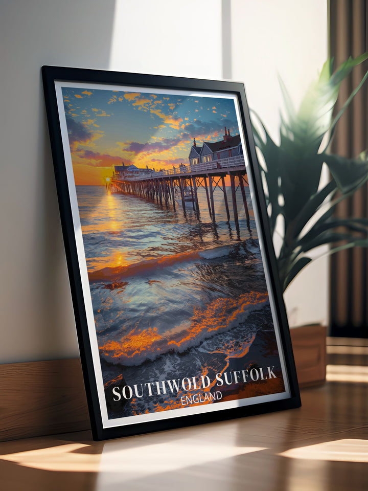 Vintage Travel Print of Southwold showcasing the beautiful Southwold Lighthouse along with colorful beach huts and charming Pier an excellent addition to any home or office space bringing the tranquility of seaside living into your environment