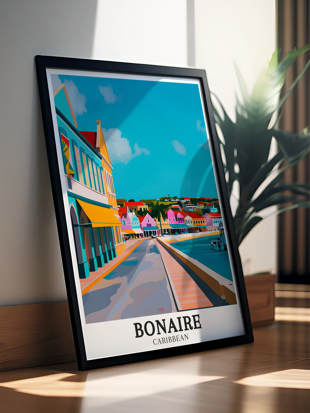 Bonaire Art Print features the charm of Downtown Kralendijk, offering a vibrant Caribbean view perfect for home or office decor. This print captures the islands stunning beauty and is a great gift for tropical enthusiasts.