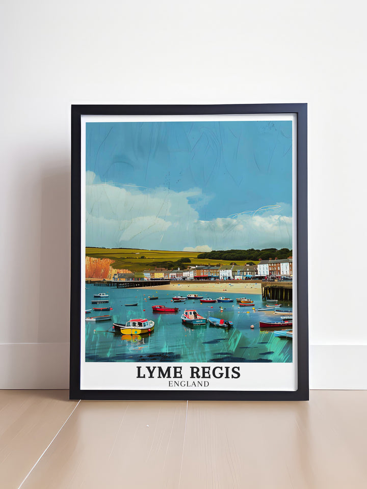 This Lyme Regis wall art brings the natural beauty of the Jurassic Coast to life, with the Cobb standing proudly at the forefront. Perfect for anyone who appreciates Englands coastal landscapes, this artwork adds a touch of serenity and history to any living space.