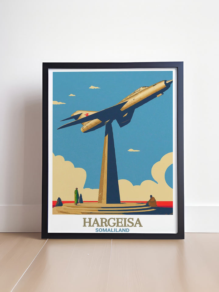 This Hargeisa wall print brings the MIG Jet Monument to life, capturing its bold presence against the backdrop of the city. Ideal for fans of African history and aviation, this travel art celebrates Somalilands resilience and cultural pride.