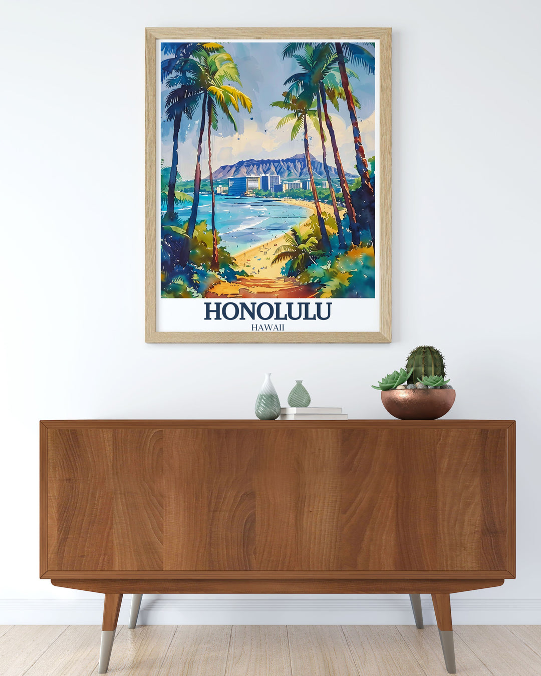 Gallery wall art of Diamond Head Crater in Honolulu, Hawaii, capturing the rugged beauty and expansive views of this iconic volcanic formation. This print offers a striking depiction of one of Hawaiis most renowned natural wonders.