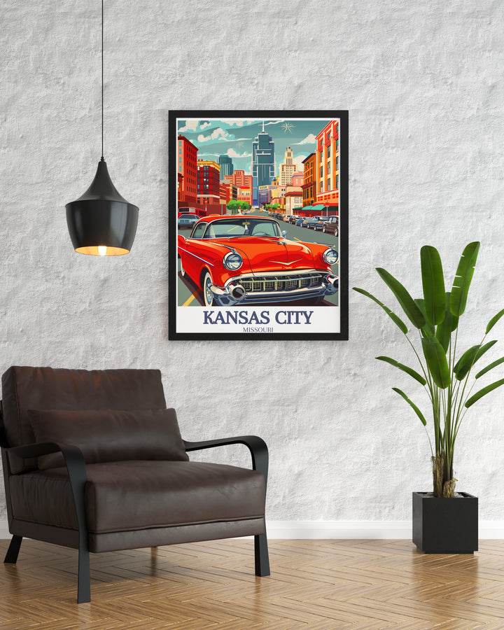 Missouri travel poster featuring a dynamic depiction of the Kansas City skyline with Downtowns cultural and architectural landmarks. This print is an excellent choice for urban lovers and anyone seeking a stylish addition to their wall décor.