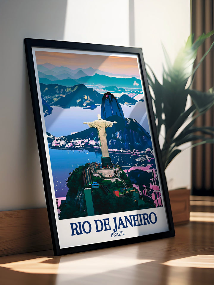 Rio De Janeiro travel poster featuring the citys most famous sites, including Sugarloaf Mountain and Christ the Redeemer. Ideal for travel enthusiasts and lovers of Brazilian culture, this print adds a vibrant touch to any decor.