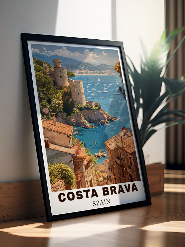 This Costa Brava travel print showcases the picturesque town of Tossa de Mar, set against the backdrop of Spains beautiful coastline. A perfect addition to your home décor or as a unique Spain travel gift.