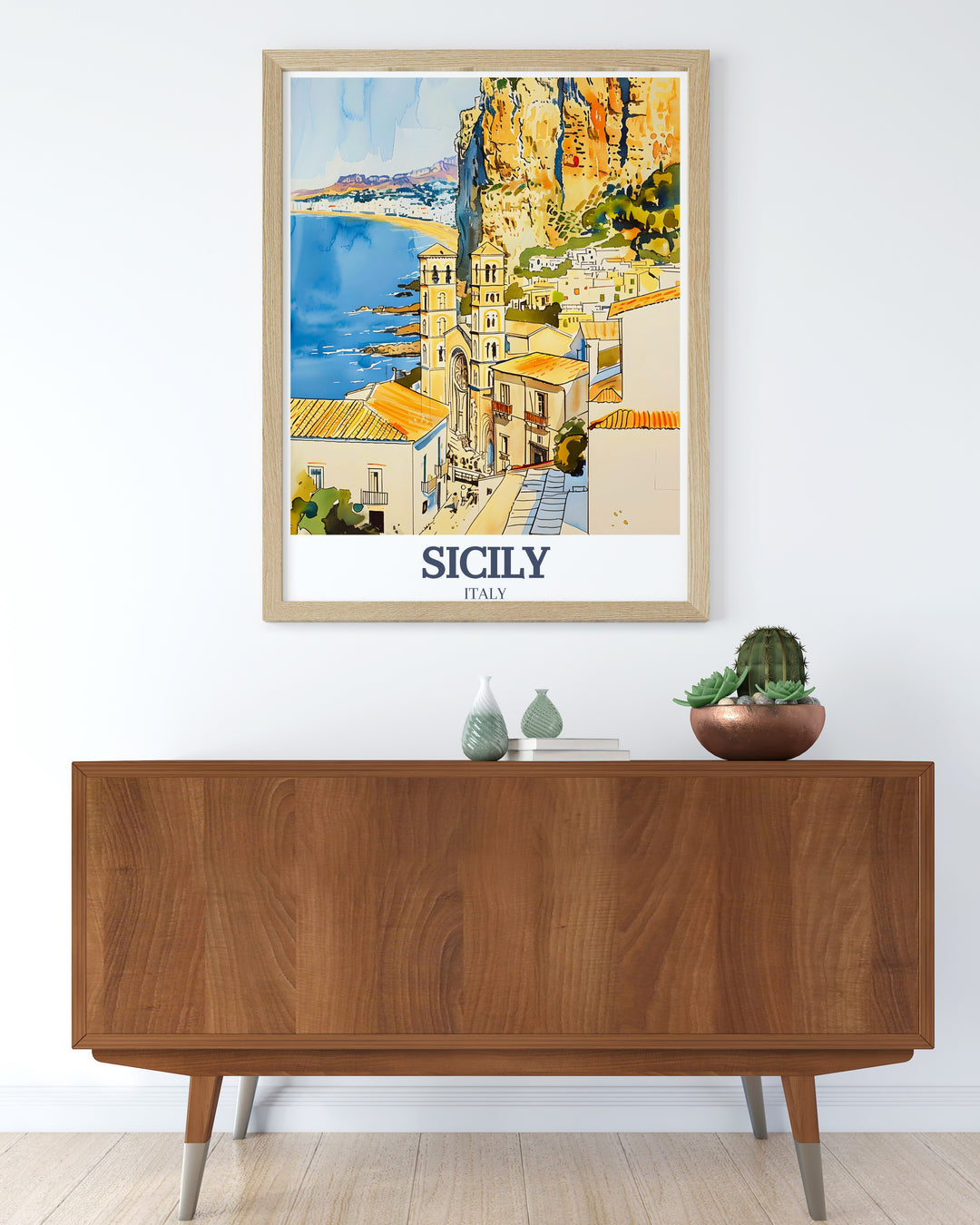 Immerse yourself in the scenic beauty of Sicily with this travel poster featuring Cefalù and La Rocca. The artwork captures the unique blend of history, architecture, and natural beauty that defines this coastal town, perfect for art lovers and travelers alike.