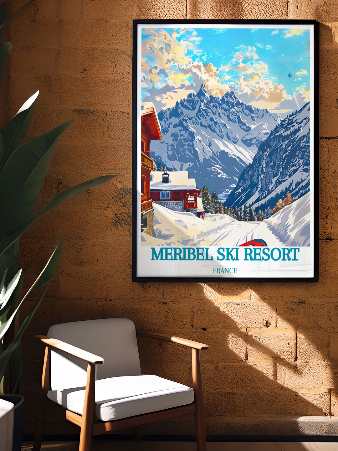 Saulire artwork with a retro skiing design, capturing the essence of the Meribel Ski Resort. This modern skiing poster is perfect for adding a touch of elegance and excitement to any room.