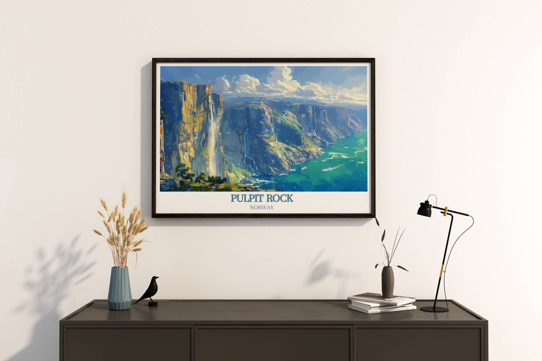 Retro travel poster showcasing Pulpit Rock Norway and Lysefjord modern prints capturing the essence of national park beauty perfect for home decor