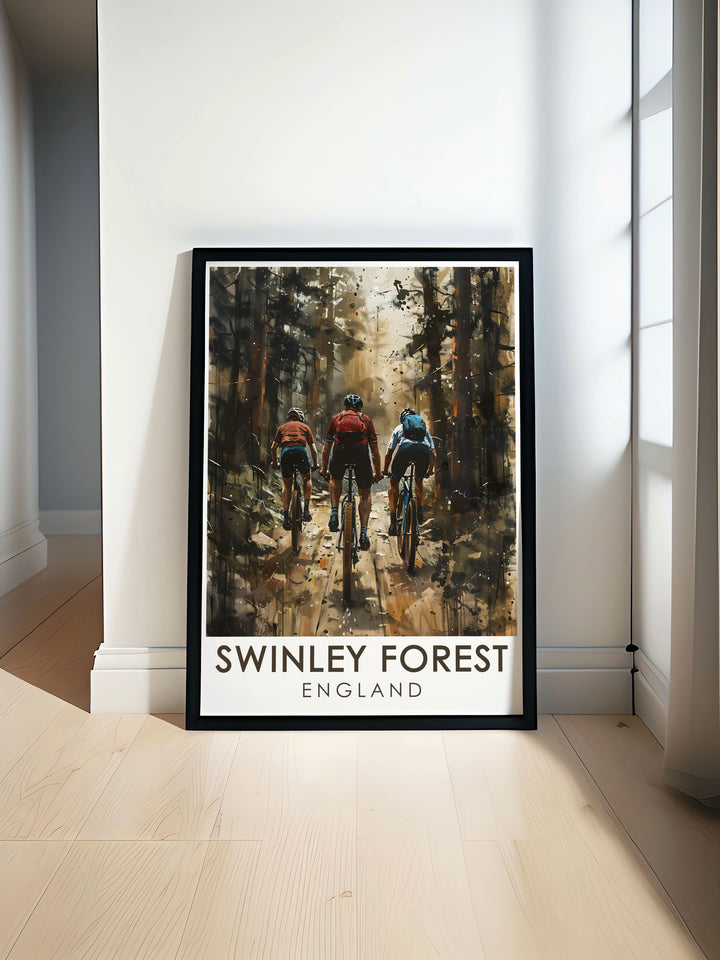 Swinley Forest print showcasing Mountain Bike Trails offers vibrant mountain biking art featuring Swinley Forest Trail and MTB cycling scenery. A perfect addition to any home decor and a thoughtful gift for outdoor adventure lovers.