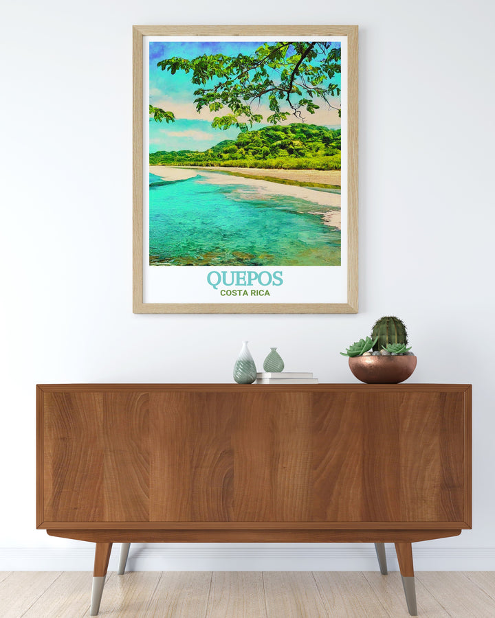 Quepos and Playa Espadilla, two iconic landmarks in Costa Rica, are featured in this detailed print. The artwork captures the peaceful ambiance of the beach, offering a beautiful reminder of Costa Ricas natural landscapes. Ideal for tropical themed rooms, this print adds a touch of serenity to any space.