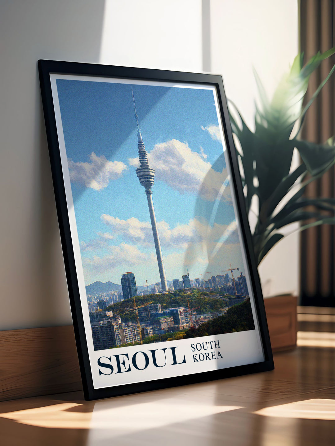 Seoul Tower stands tall in this poster, offering a glimpse into its significance as a beloved city landmark and its breathtaking views, making it an excellent addition to any collection celebrating modern architecture.