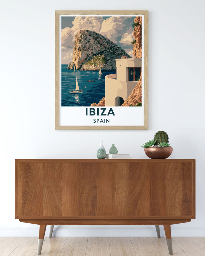 The vibrant energy of Ibizas nightlife and beautiful beaches is highlighted in this travel poster. Ideal for urban enthusiasts, this piece captures the dynamic spirit of the island.